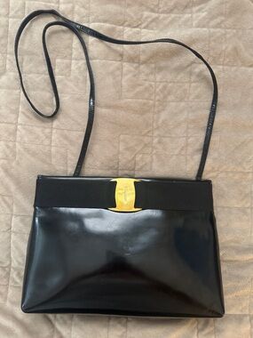 Salvatore Ferragamo  Vintage Black Patent Shoulder Bag /Clutchwith Gold Logo
